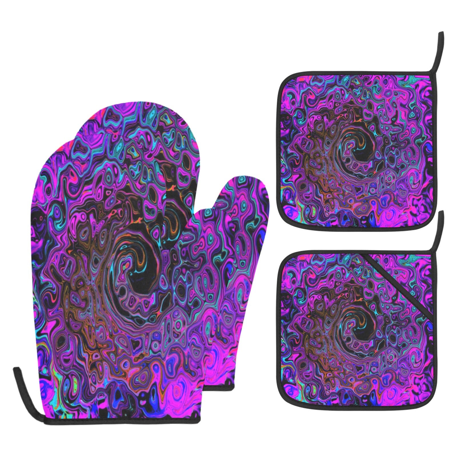 Oven Mitts and Pot Holders Set, Trippy Black and Magenta Retro