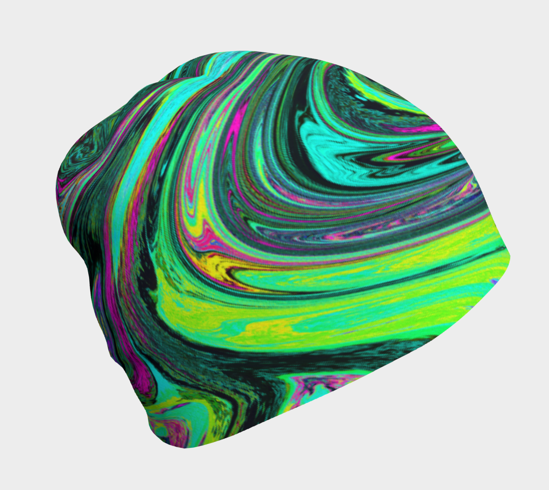 Beanie Hats, Groovy Abstract Retro Green and Magenta Swirl