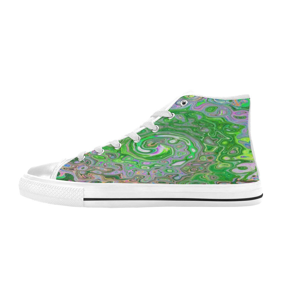 Kids High Top Sneakers, Trippy Lime Green and Pink Abstract Retro Swirl - White