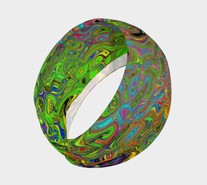 Wide Fabric Headband, Groovy Abstract Retro Lime Green and Blue Swirl, Face Covering