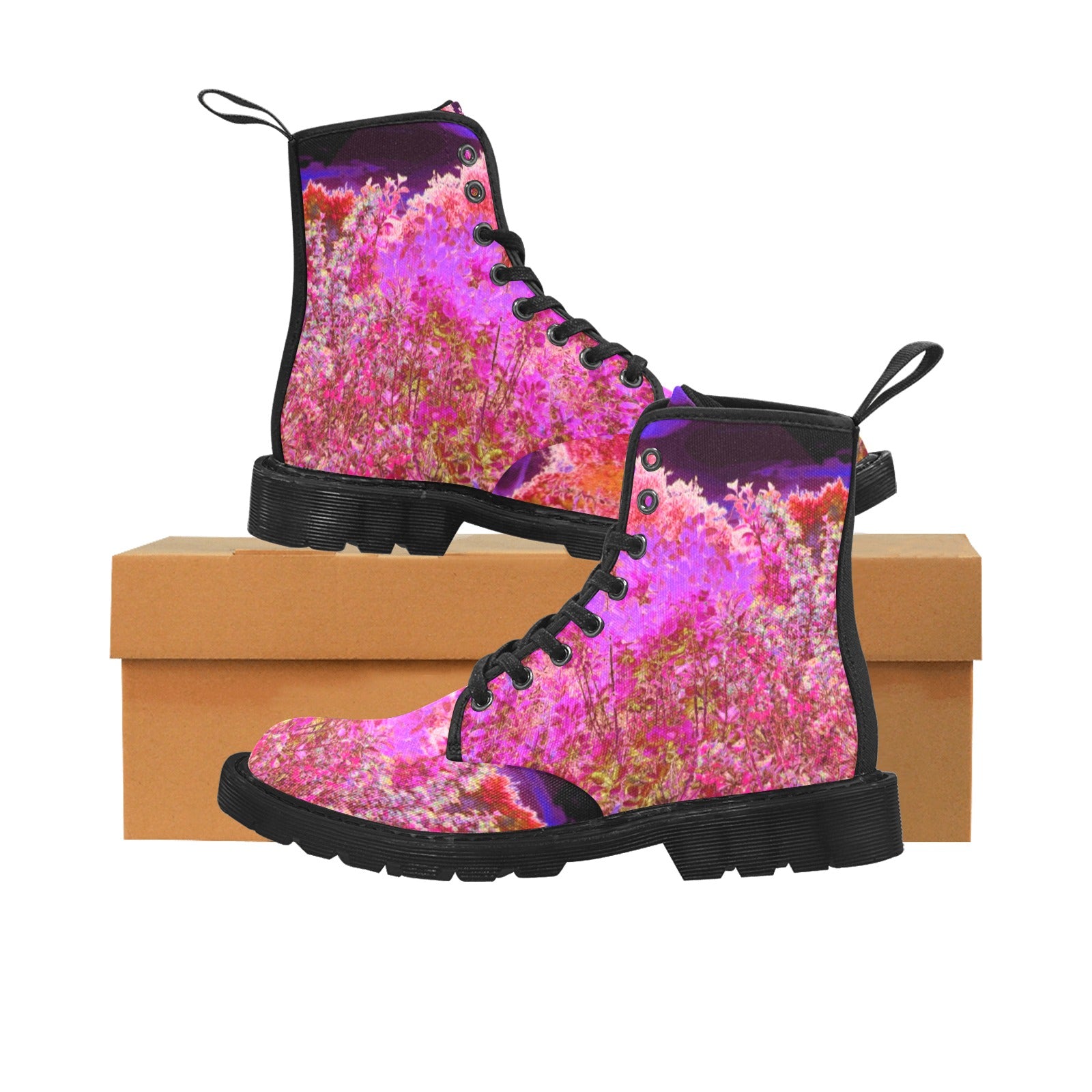 Boots for Women, Colorful Abstract Foliage Garden with Purple Sunset - Black