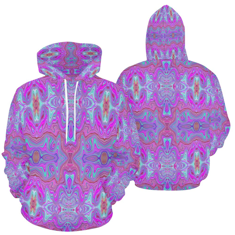 Lightweight Hoodies for Women, Wavy Magenta and Green Trippy Marbled Pattern