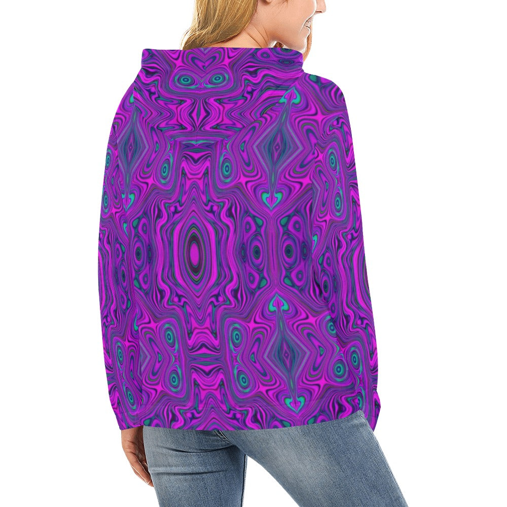 Hoodies for Women, Trippy Retro Magenta and Black Abstract Pattern