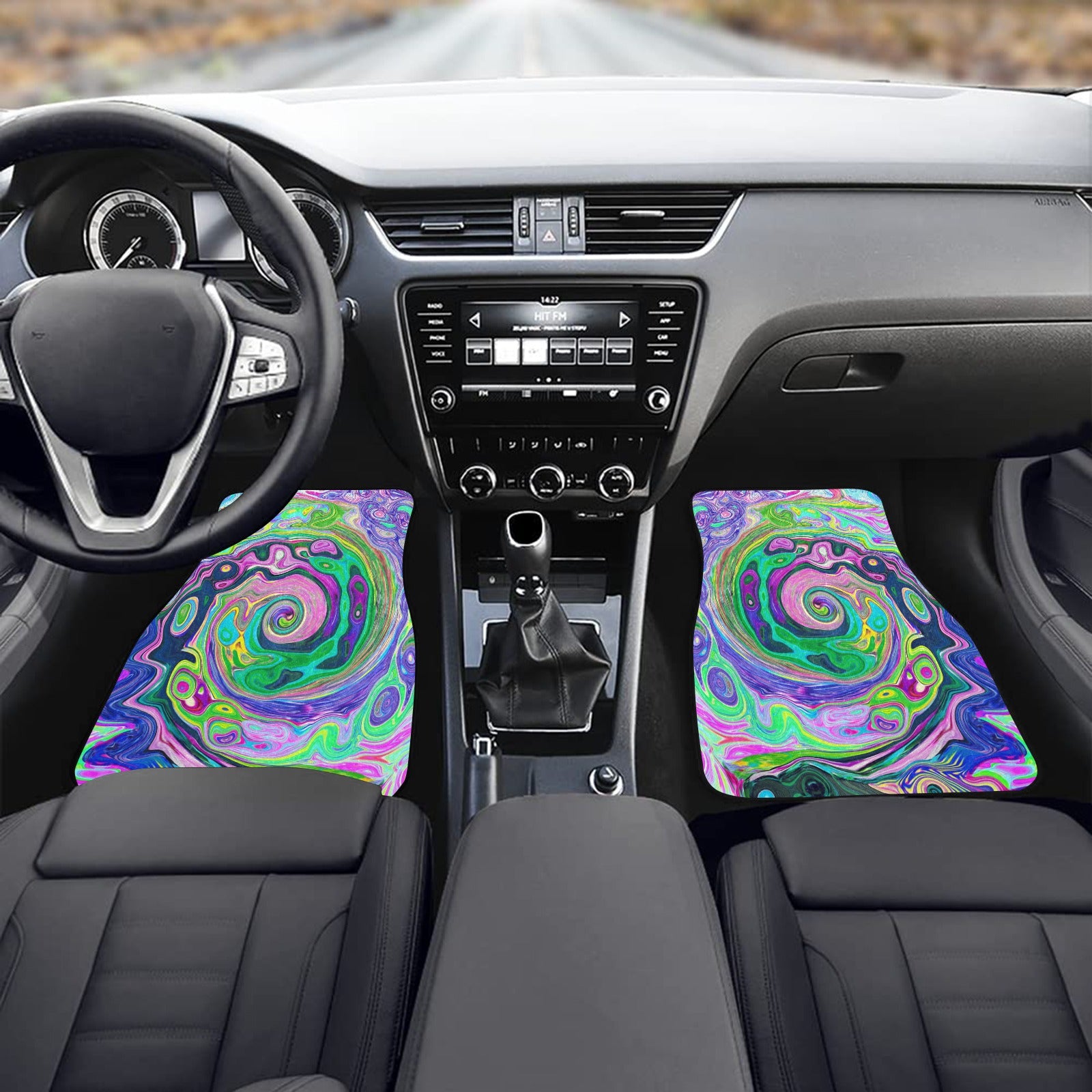Car Floor Mats, Groovy Abstract Aqua and Navy Lava Swirl - Front Set of Two