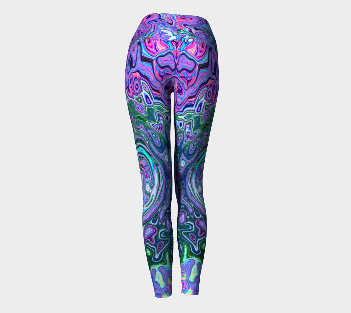 Artsy Yoga Leggings, Groovy Abstract Retro Green and Purple Swirl