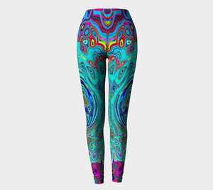 Colorful Artsy Leggings for Women, Trippy Sky Blue Abstract Retro Liquid Swirl