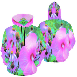 Hoodies for Women, Pink Hibiscus and Coneflowers in the Garden