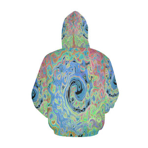 Hoodies for Men, Watercolor Blue Groovy Abstract Retro Liquid Swirl