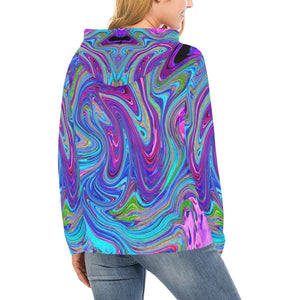 Hoodies for Women, Blue, Pink and Purple Groovy Abstract Retro Art