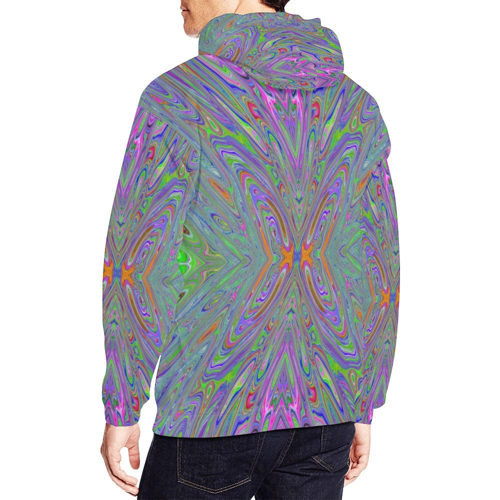 Hoodies for Men, Abstract Trippy Purple, Orange and Lime Green Butterfly