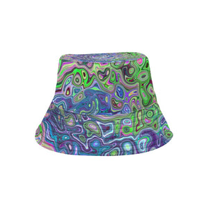Bucket Hats for Women, Marbled Lime Green and Purple Abstract Retro Swirl