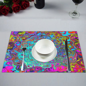 Cloth Placemats Set, Trippy Sky Blue Abstract Retro Liquid Swirl