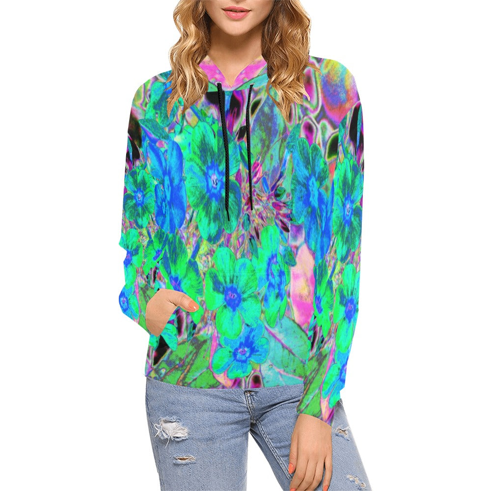 Hoodies for Women, Psychedelic Trippy Lime Green and Blue Flowers