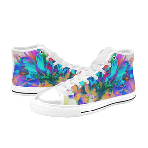 High Top Sneakers for Women, Stunning Watercolor Rainbow Cactus Dahlia - White
