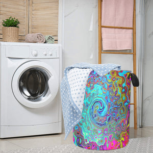 Fabric Laundry Basket with Handles, Trippy Sky Blue Abstract Retro Liquid Swirl