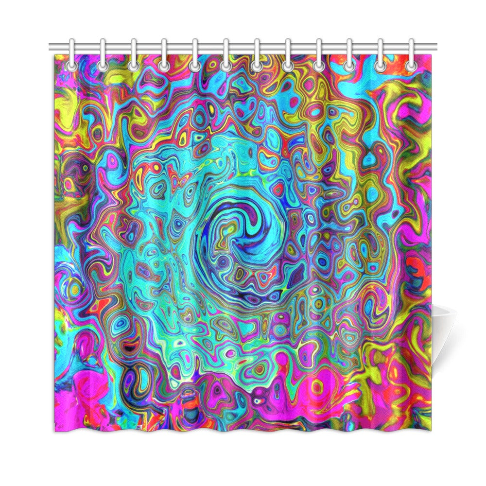 Shower Curtains, Trippy Sky Blue Abstract Retro Liquid Swirl - 72 by 72