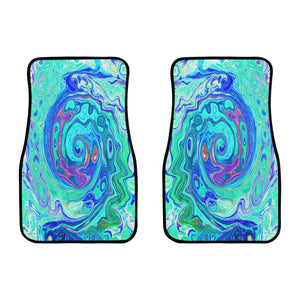 Car Floor Mats, Groovy Abstract Ocean Blue and Green Liquid Swirl - Front Set of 2