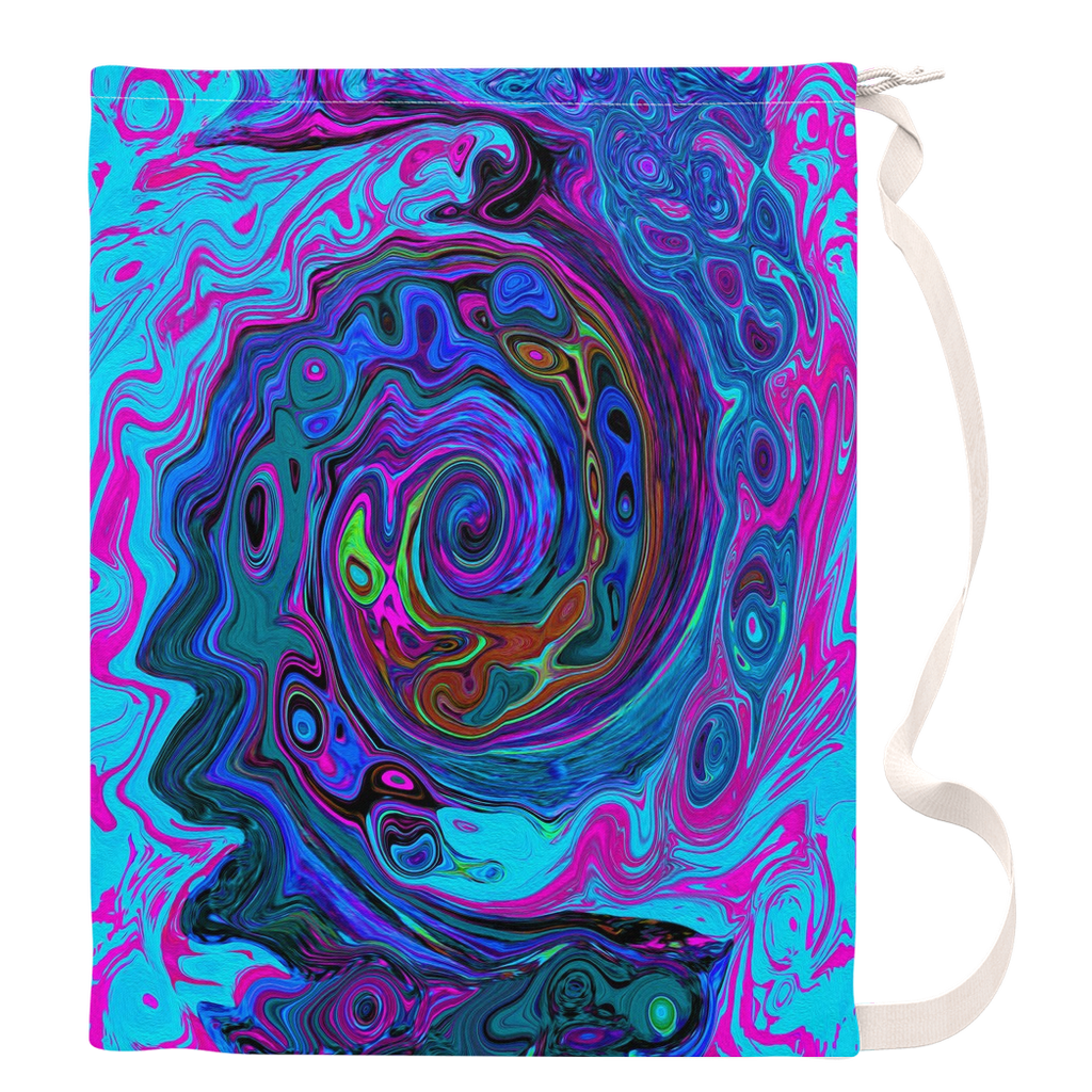 Large Laundry Bags, Groovy Abstract Retro Blue and Purple Swirl