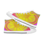 High Top Sneakers for Women, Yellow Sunflower on a Psychedelic Swirl - White
