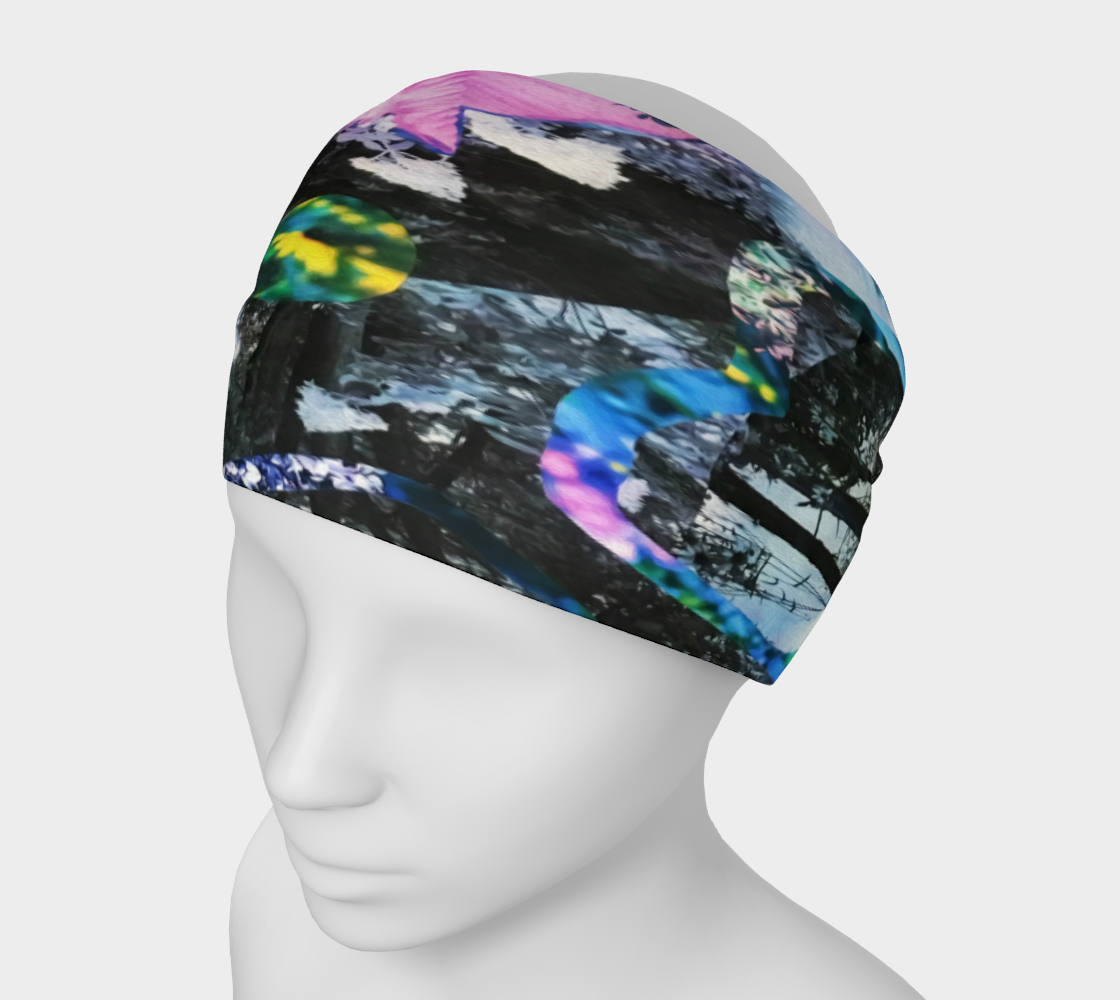 Wide Fabric Headband, Pink Hibiscus Black and White Landscape Collage, Face Covering