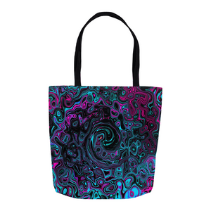 Tote Bags, Retro Aqua Magenta and Black Abstract Swirl