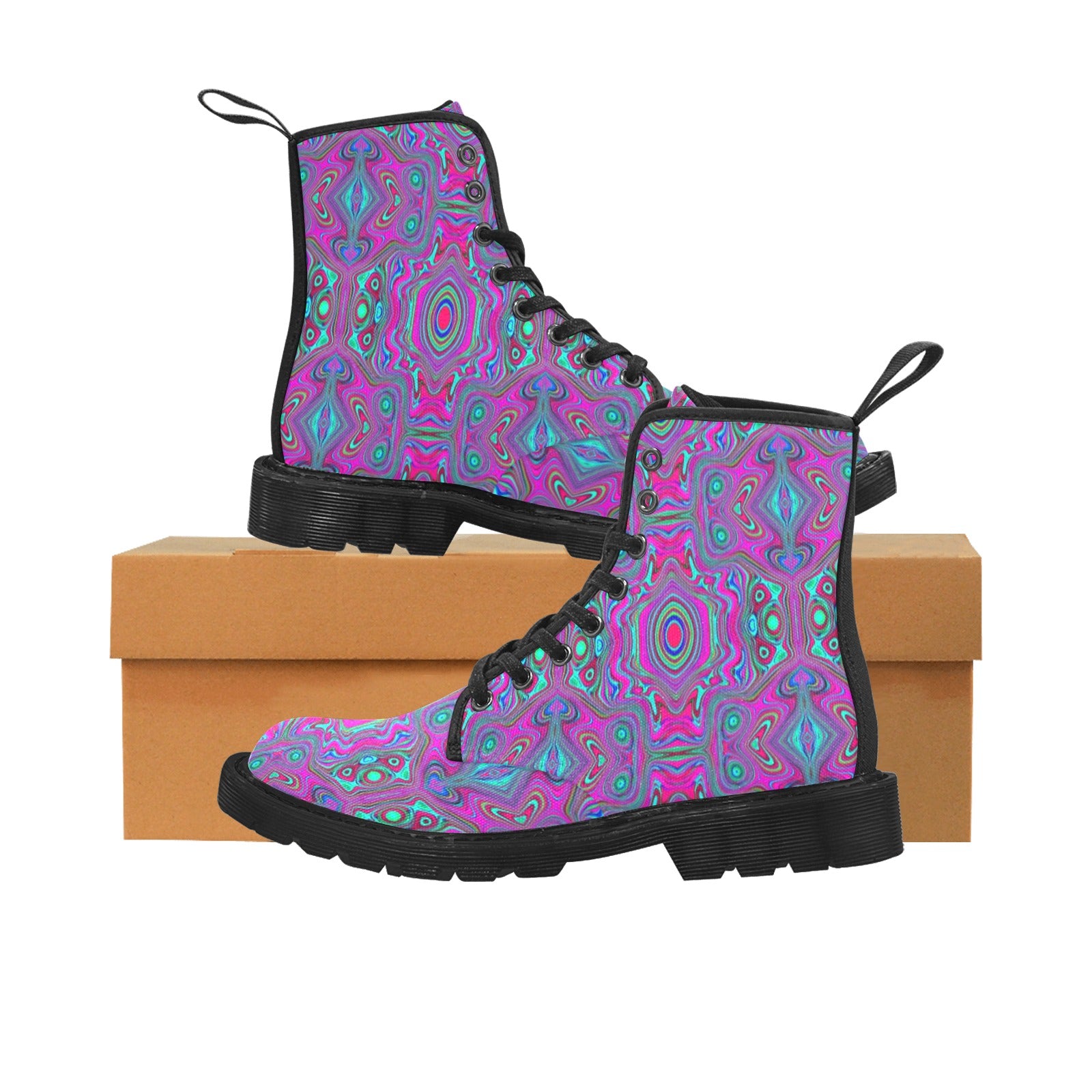 Boots for Women, Trippy Retro Magenta, Blue and Green Abstract - Black