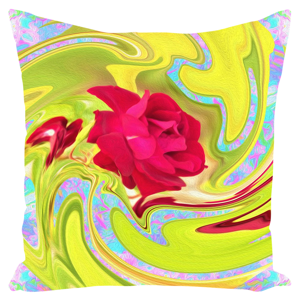 Decorative Throw Pillows, Painted Red Rose on Yellow and Blue Abstract