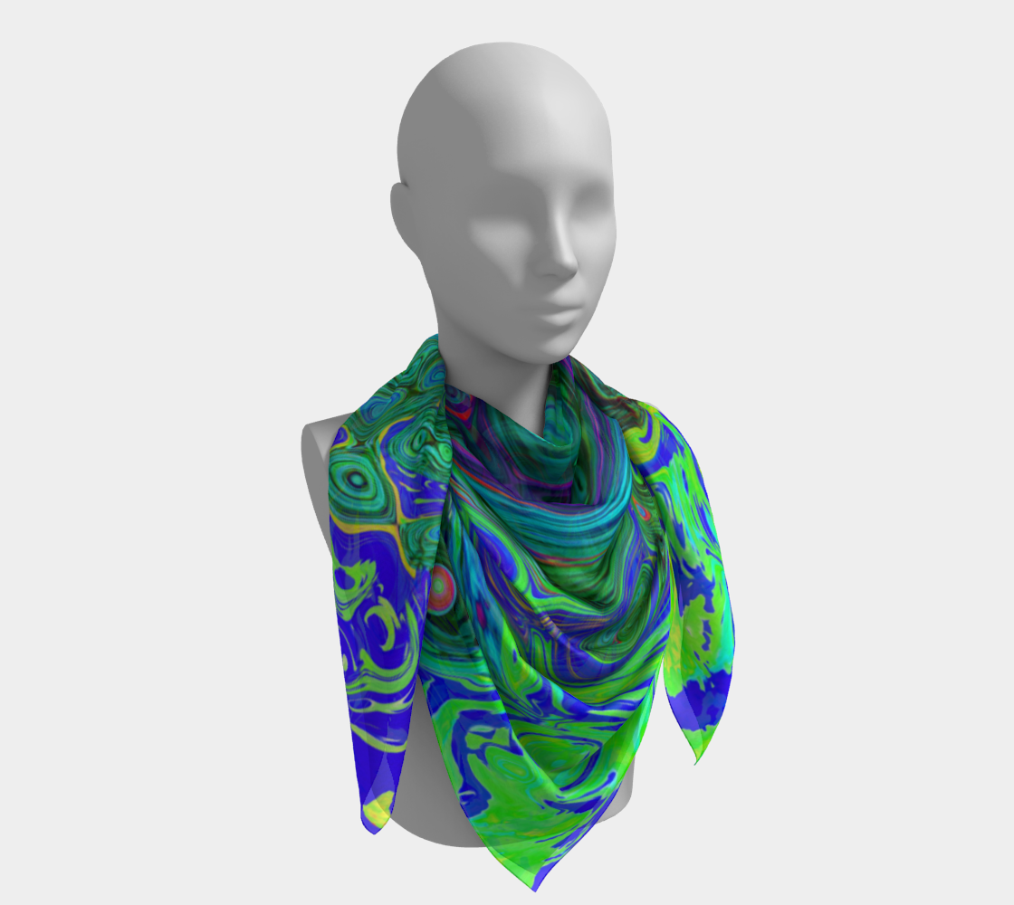 Square Scarves for Women, Groovy Abstract Retro Green and Blue Swirl