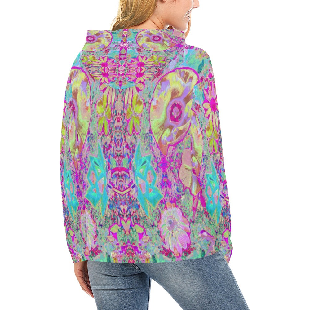 Hoodies for Women, Psychedelic Abstract Magenta and Aqua Garden Collage