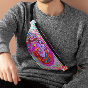 Fanny Pack, Groovy Abstract Retro Hot Pink and Blue Swirl