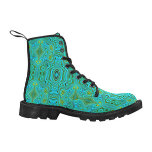 Boots for Women, Trippy Retro Turquoise Chartreuse Abstract Pattern - Black