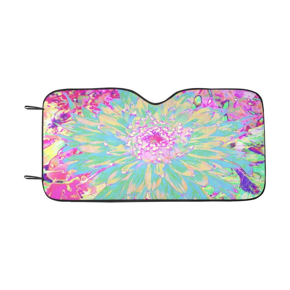 Auto Sun Shades, Decorative Teal Green and Hot Pink Dahlia Flower