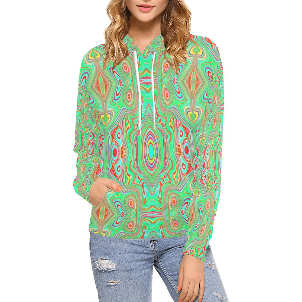 Hoodies for Women, Trippy Retro Orange and Lime Green Abstract Pattern