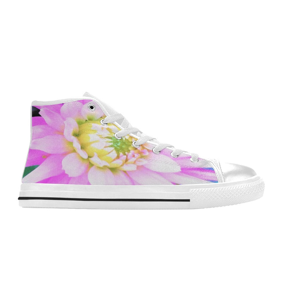High Top Sneakers for Women, Pretty Pink, White and Yellow Cactus Dahlia Macro - White