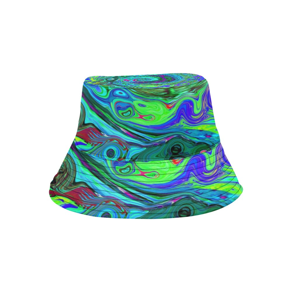 Bucket Hats, Groovy Abstract Retro Green and Blue Swirl