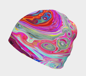 Beanie Hat, Groovy Abstract Retro Hot Pink and Blue Swirl
