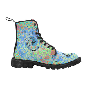 Boots for Women, Watercolor Blue Groovy Abstract Retro Liquid Swirl - Black