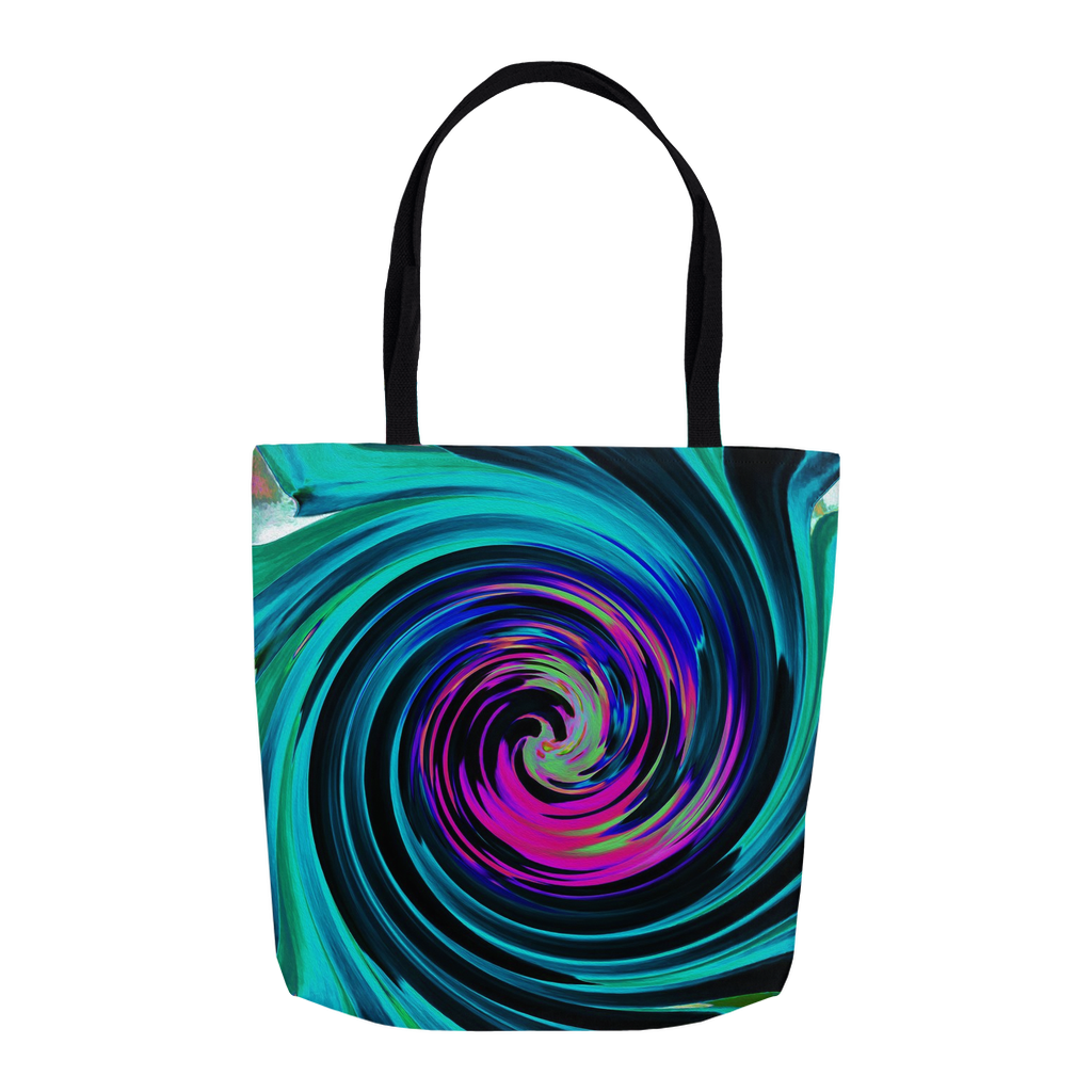 Tote Bags, Dramatic Black and Turquoise Abstract Retro Twirl