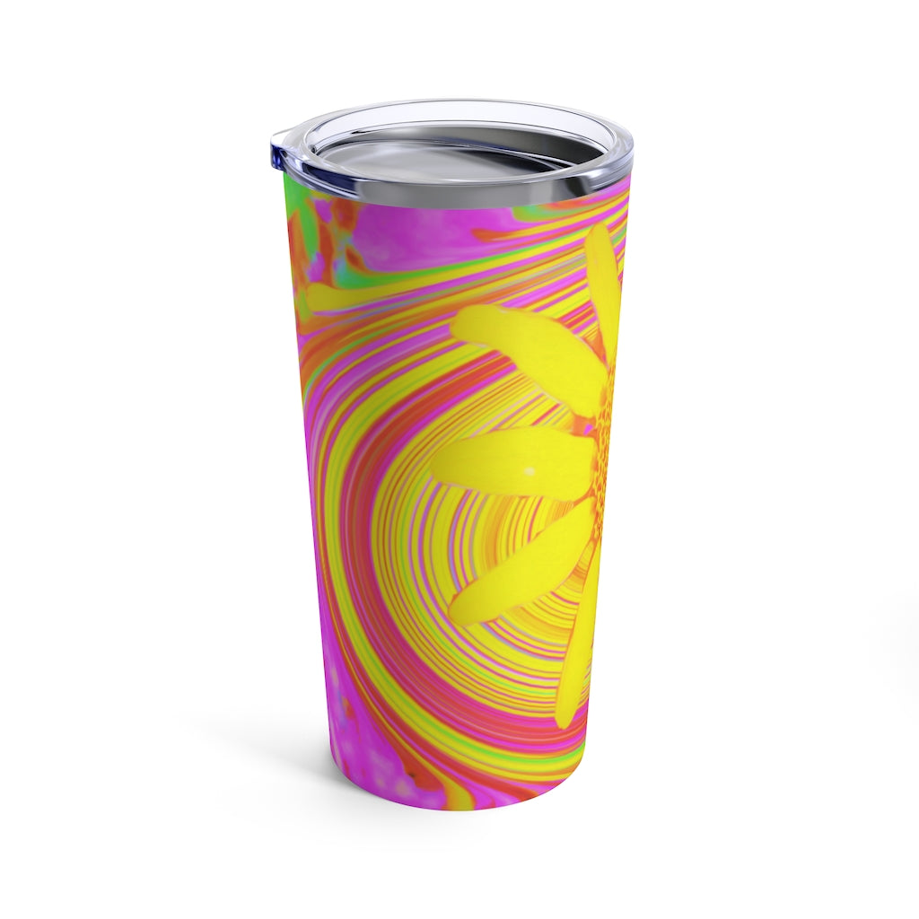 Travel Tumblers, Yellow Sunflower on a Psychedelic Swirl