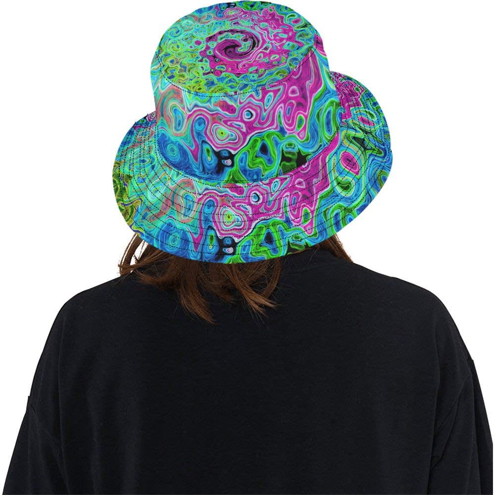 Bucket Hats, Hot Pink and Blue Groovy Abstract Retro Liquid Swirl