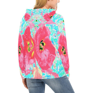 Hoodies for Women, Two Rosy Red Coral Plum Crazy Hibiscus on Aqua