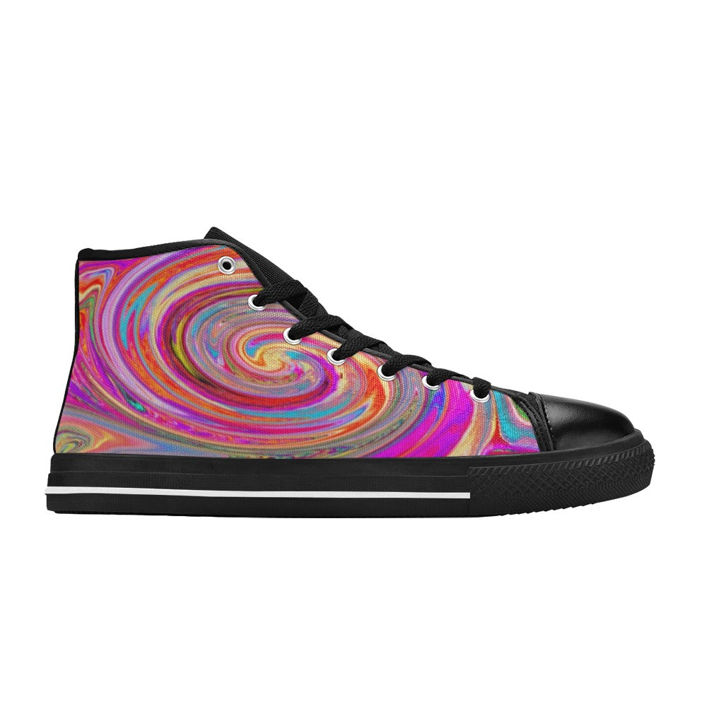 High Top Sneakers for Women, Colorful Rainbow Swirl Retro Abstract Design - Black