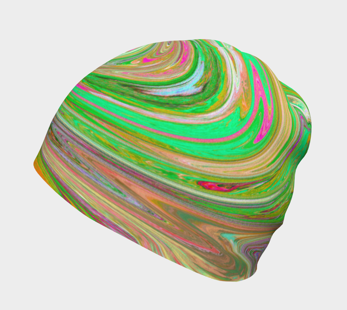 Beanie Hats, Groovy Abstract Retro Green and Hot Pink Swirl