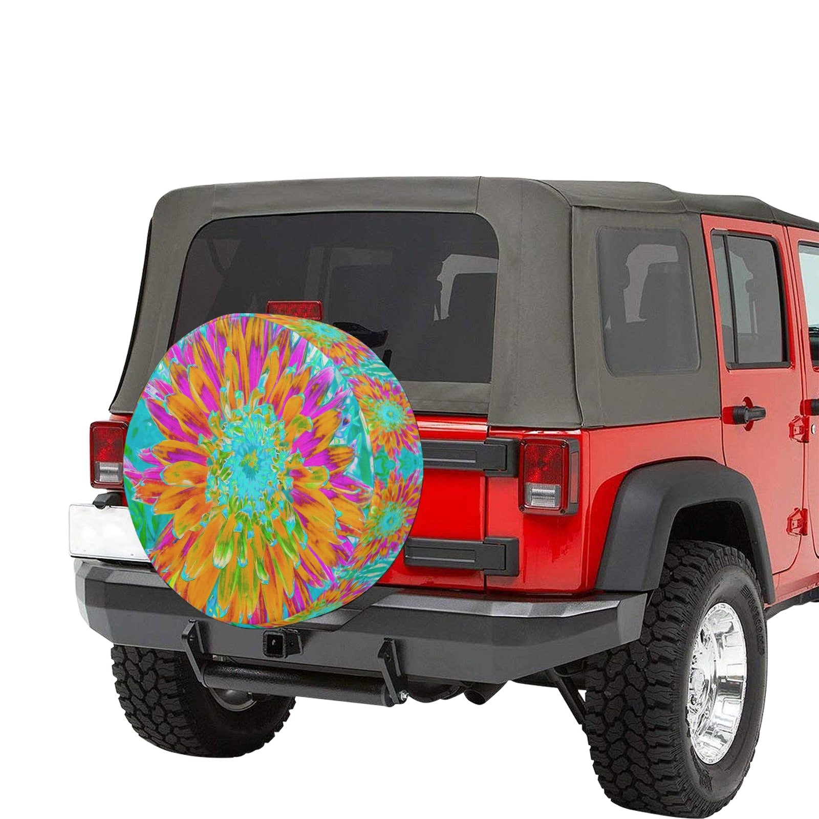 Spare Tire Covers - Small, Tropical Orange and Hot Pink Decorative Dahlia