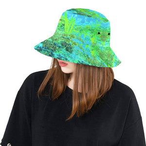 Bucket Hats, Trippy Lime Green and Blue Impressionistic Landscape