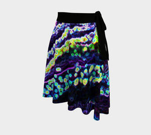 Artsy Wrap Skirt, Graphic Black White Blue and Green Rose Detail