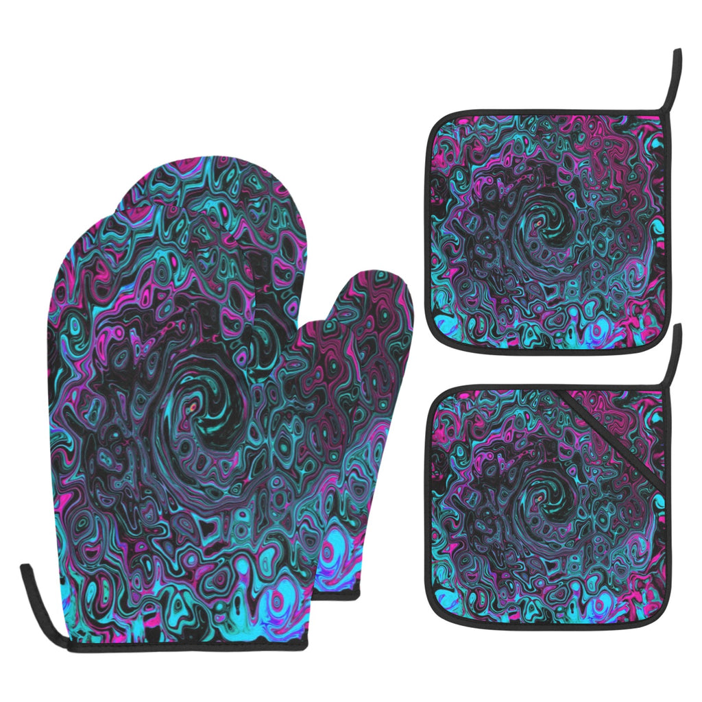 Oven Mitts and Pot Holders Set, Retro Aqua Magenta and Black Abstract Swirl
