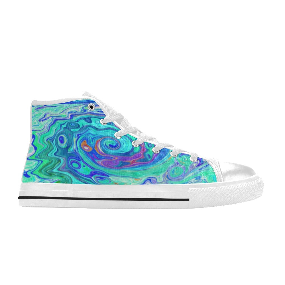High Top Sneakers for Women, Groovy Abstract Ocean Blue and Green Liquid Swirl