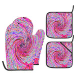 Oven Mitts and Pot Holders Set, Cool Abstract Retro Hot Pink and Red Floral Swirl