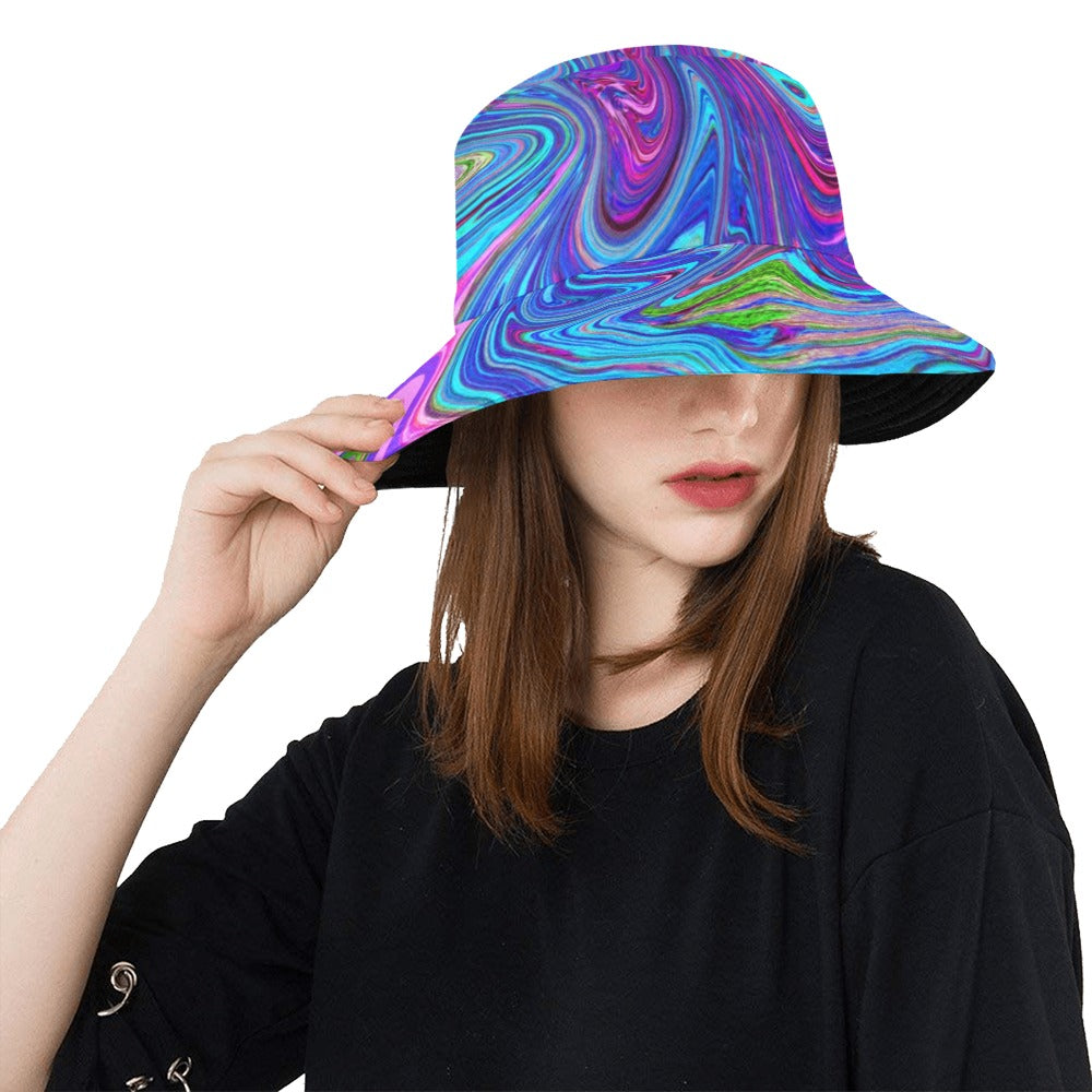 Bucket Hats, Blue, Pink and Purple Groovy Abstract Retro Art